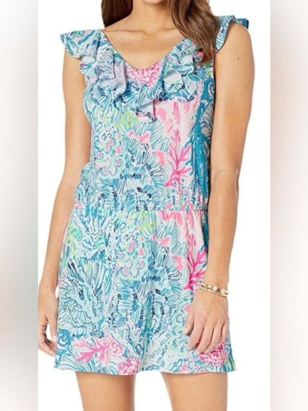 Lilly Pulitzer Alessa Romper XL Sink or Swim Ruffle V-Neck Coastal